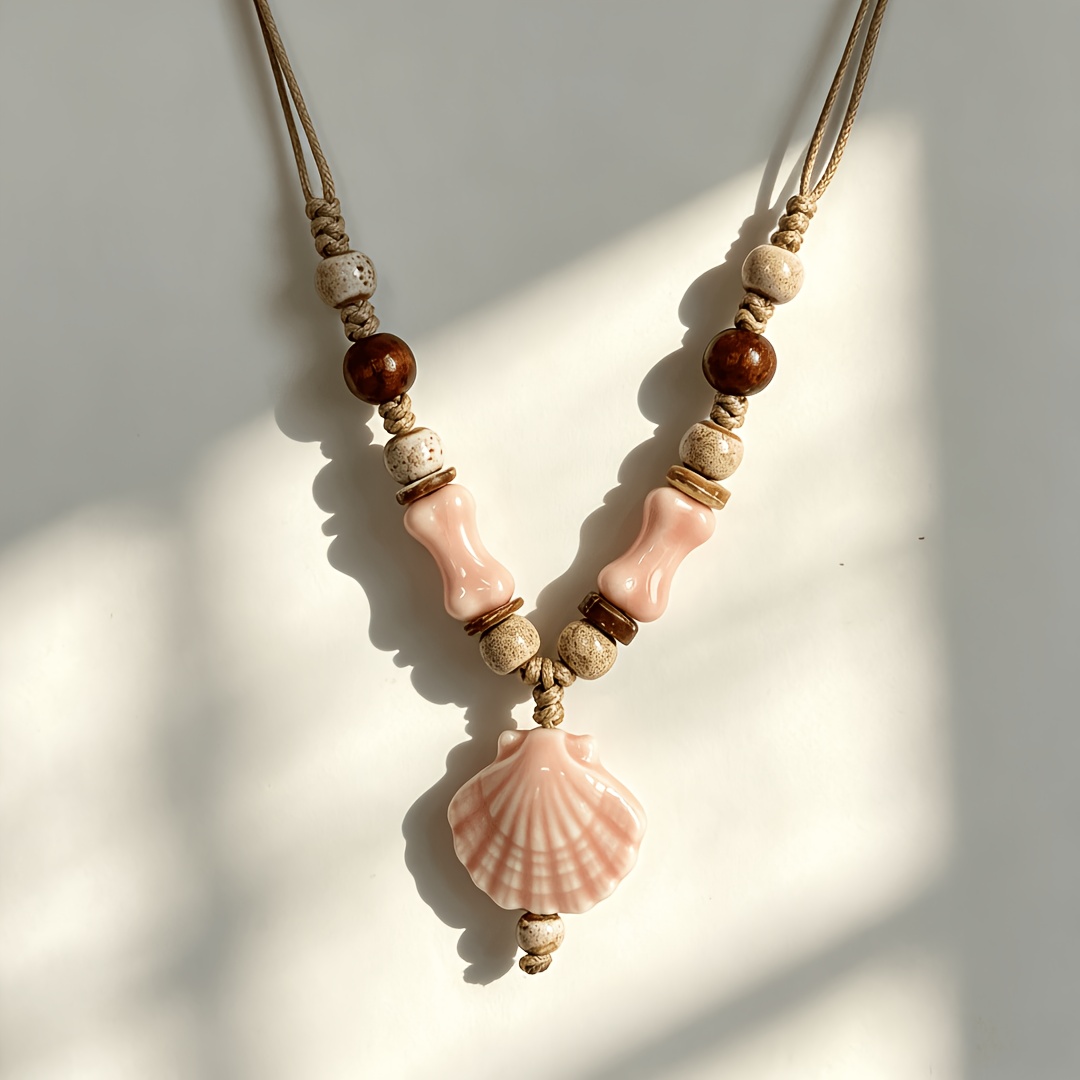 Bohemian Beach Style Ceramic Scallop Weave Necklace